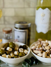 Load image into Gallery viewer,  chalkidiki olives, sparkling pairing set - dried pears and summer peaches, pistachios, appetizer picks
