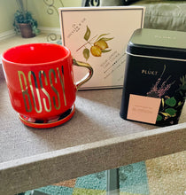 Load image into Gallery viewer, Especially for You Delta Sigma Theta inspired gift.  red &quot;BOSSY&quot; mug and coaster set with gourmet lemon cake cookie and hand-picked BLOSSOM tea
