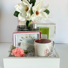 Load image into Gallery viewer, Mother&#39;s Legacy Journal and Mug Set added to the Picture of Appreciation gift basket.  Topped with silk flowers.  
