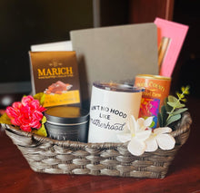 Load image into Gallery viewer, Especially for You &quot;Ain&#39;t no hood like motherhood&#39; tumbler gift basket. Suede &quot;Mark My Words&quot; journal and essential oil diffuser pen
